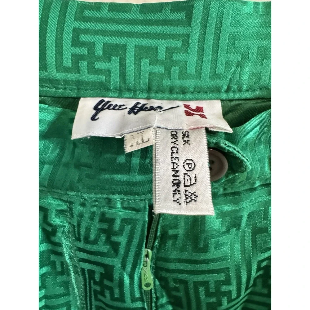 Vintage🔥YUE HWA 🈯️100% Silk Jacquard Pants Emerald Green Geometric Fretwork XL